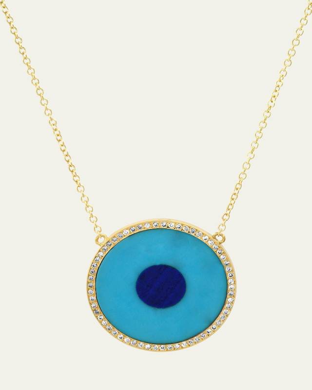 Yellow Gold Large Inlay Evil Eye Necklace with Diamonds, Turquoise and Lapis